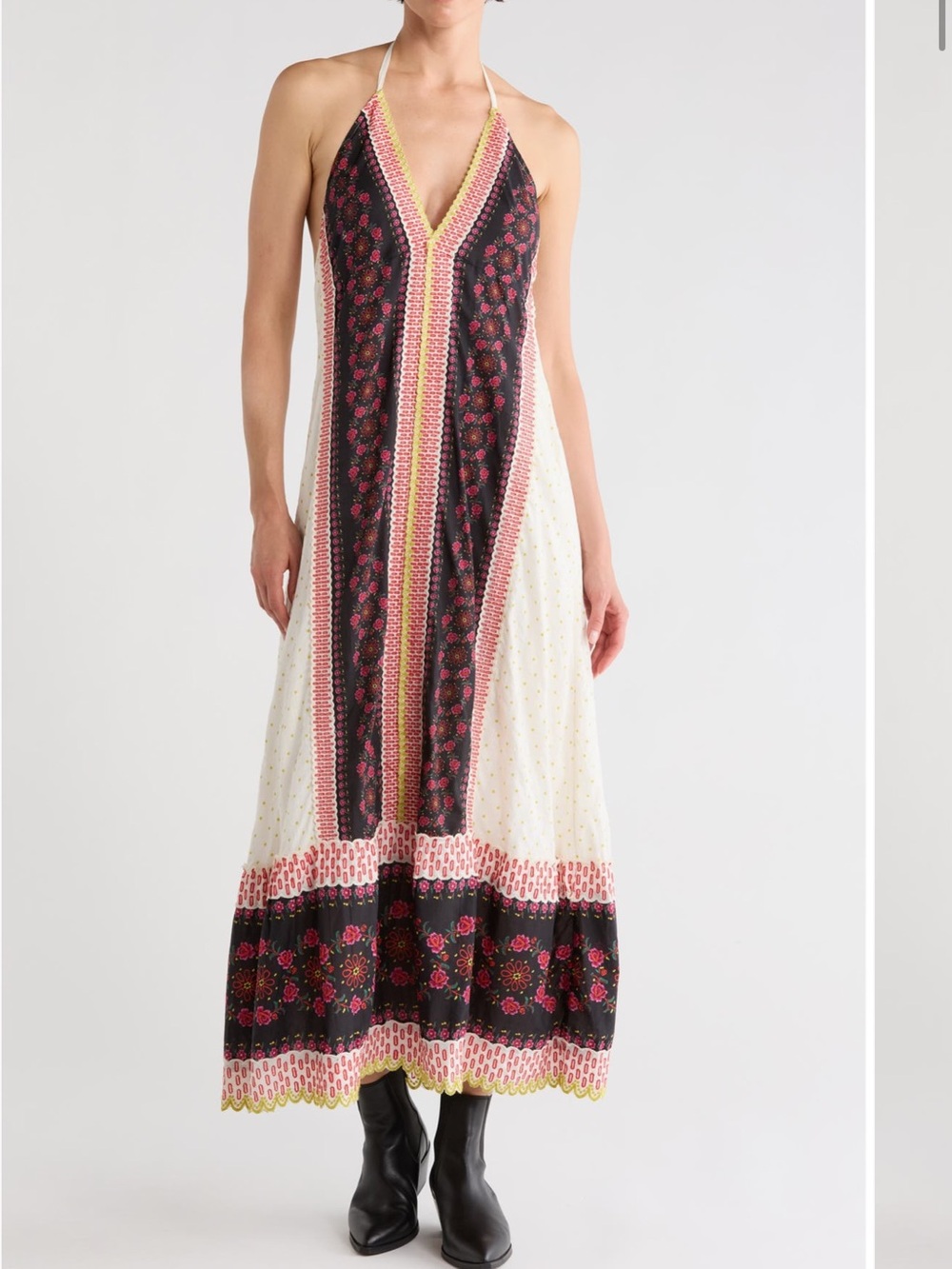 Free People Cubana Border Print Chiffon Halter Maxi dress in Ivory Combo